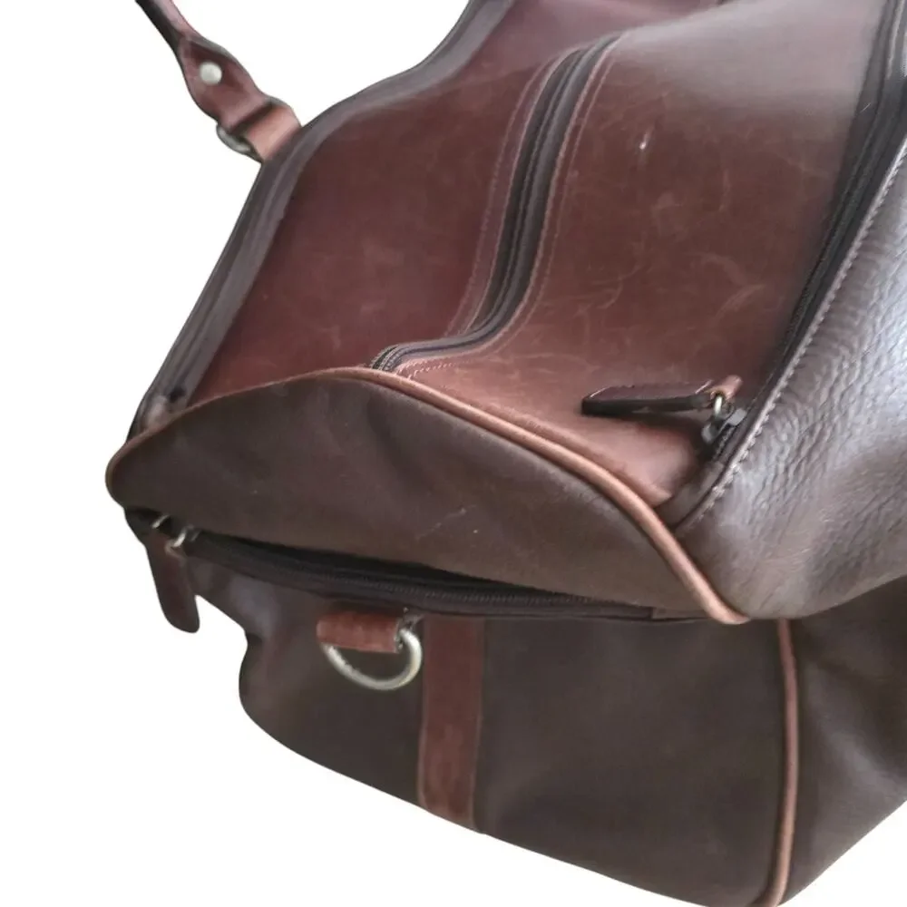 M London Mens Tote Duffel Bag Brown Leather Travel Gym Weekender Carry On Preppy